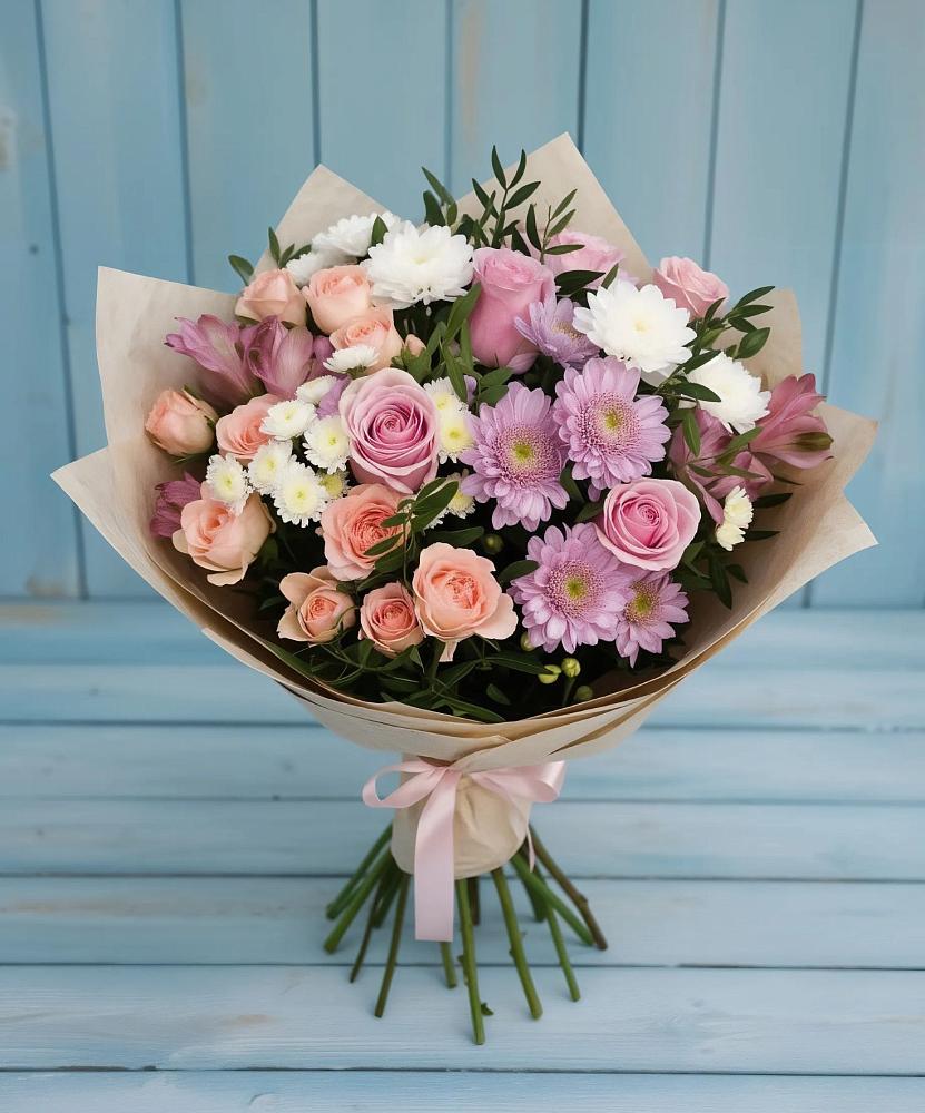 Букет цветов из: Хризантемы, Розы и Альстромерии в Ольгинской